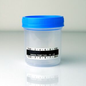 Urine Specimen Collection Cup, 90 mL, With Blue Lid and Temperature Strip, Non-sterile - Case of 300